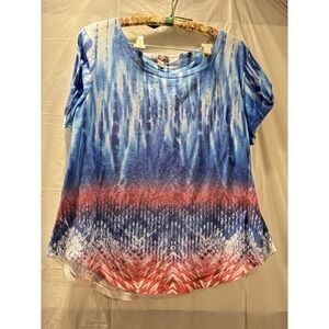 Ladies White Stag Red White Blue Print Tee-Size XL (16-18W) Rhinestones Short Sl